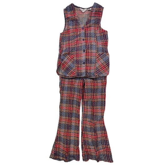 Vtg KMart 70's Girls Sz 12 Pants Suit Vest flare‎ bottoms Blue Red Plaid Hippie - Picture 1 of 12